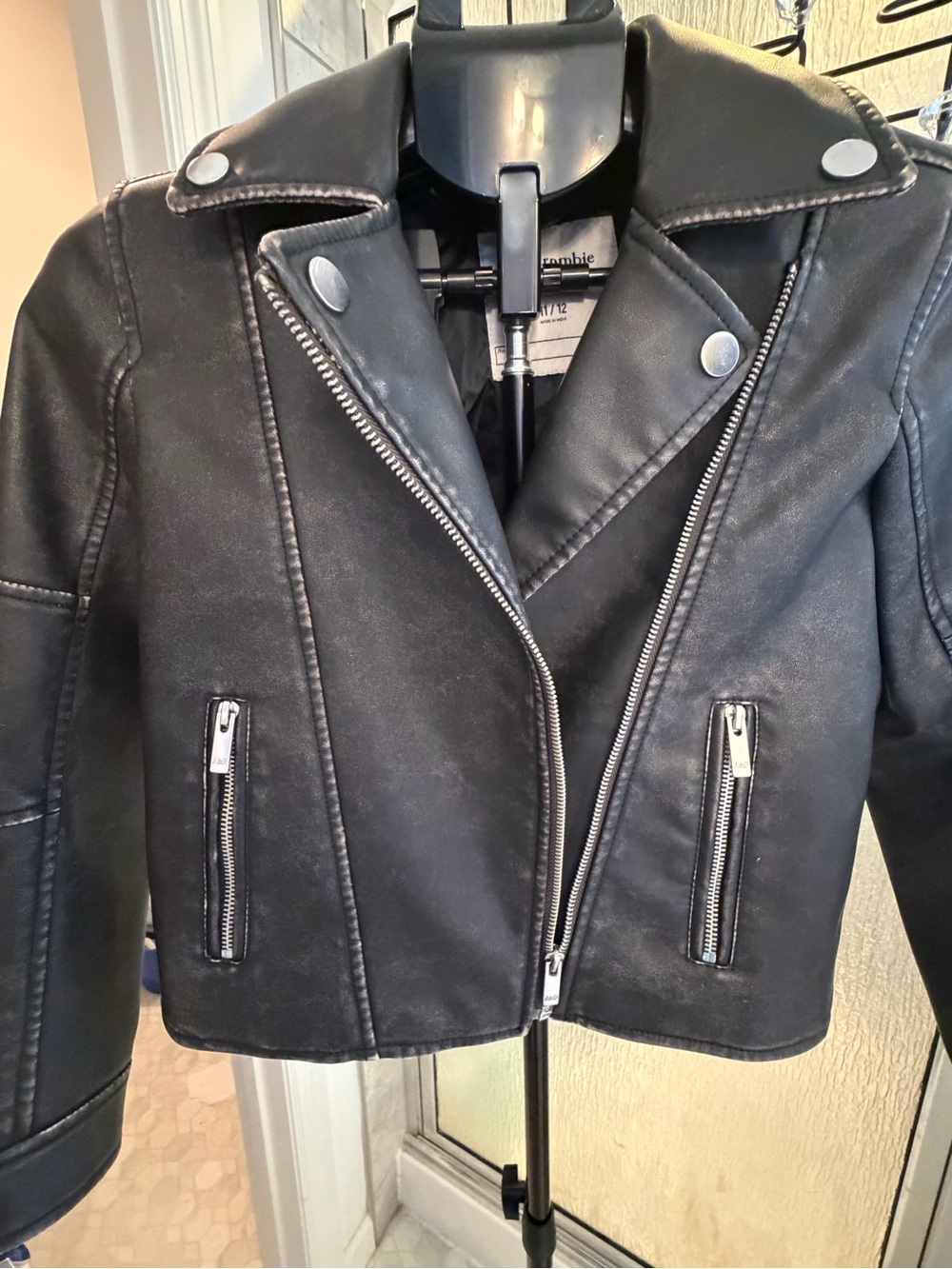 Abercrombie Kids Black Vegan Leather Moto Biker Jacket Size 11/12 $35 GUC